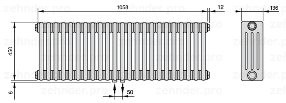 Схема (чертеж) Радиатор Zehnder Charleston 4045/23 №3470 Белый глянцевый RAL 9016